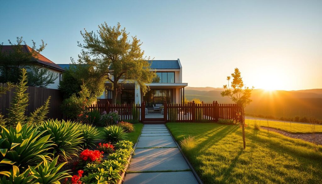 A serene neighborhood representing the residence of Tomasz Biernacki, featuring a modern, elegant house in a well-kept garden. In the foreground, lush greenery and colorful flowerbeds surround the pathway leading to the entrance, while a wooden fence discreetly encloses the property. In the middle ground, the house stands proud, showcasing clean lines and large windows reflecting the sunlight, suggesting a welcoming atmosphere. The background includes soft rolling hills under a clear blue sky, with the warm glow of a sunset casting a golden hue over the scene. The image should convey a tranquil and inviting mood, captured from a slightly elevated angle to provide depth, with natural lighting emphasizing the peaceful environment.
