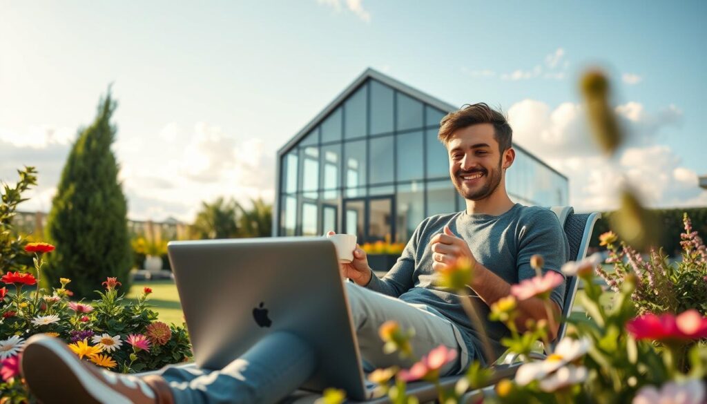 A serene outdoor scene depicting the private life of a popular content creator in a cozy, modern garden. In the foreground, a young man with a friendly smile, dressed in casual yet stylish clothing, sits comfortably on a lounge chair, engaging with a laptop while sipping coffee. He is surrounded by lush greenery and vibrant flowers that symbolize a peaceful lifestyle. In the middle ground, a sleek glass building resembling a contemporary house can be seen, hinting at a creative workspace. The background features a clear blue sky with soft, fluffy clouds, illuminated by warm, natural sunlight, creating an inviting atmosphere. The composition suggests a harmonious blend of personal and professional life, reflecting the impact of location on creativity.