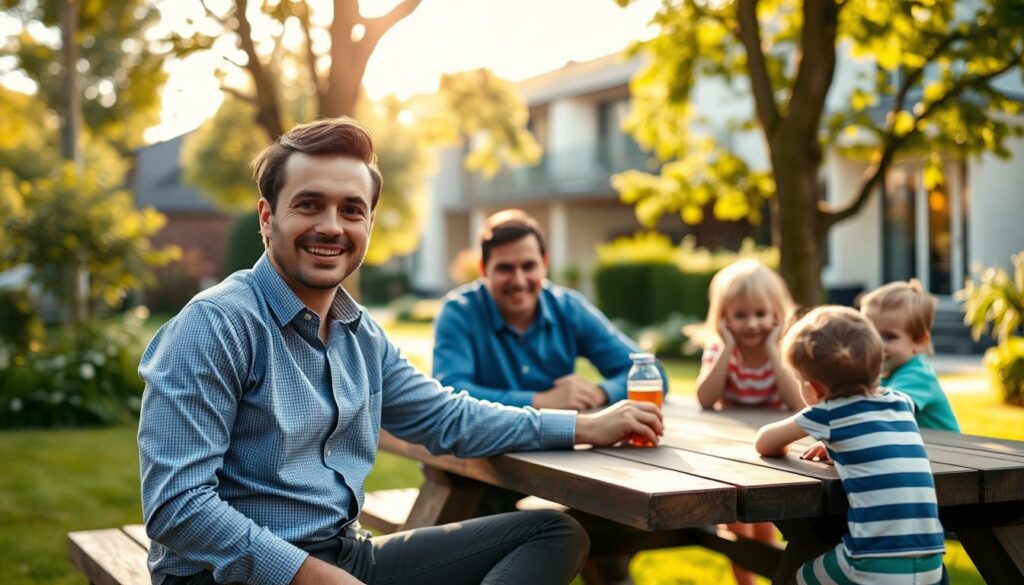A serene outdoor setting showcasing Szymon Marciniak in a relaxed atmosphere, reflecting his private life and family values. In the foreground, depict the scribe sitting at a picnic table, dressed in smart-casual attire, enjoying a day with his family, including two children playing nearby, all smiling and engaged in playful activities. The middle ground features lush greenery and playful sunlight filtering through the trees, adding warmth to the scene. In the background, a modern suburban home hints at his lifestyle, while a soft-focus effect enhances the mood of intimacy and tranquility. The lighting is soft and golden, reminiscent of late afternoon, creating a sense of comfort and family togetherness.