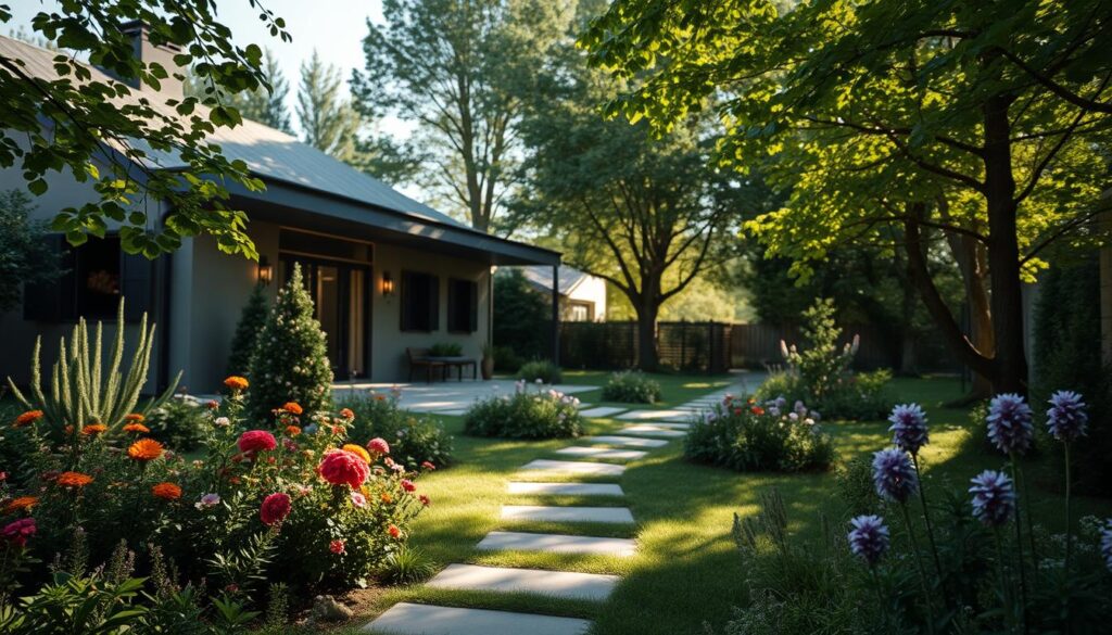 A serene, picturesque outdoor scene depicting the residence of Michał Wiśniewski, the leader of the band Ich Troje. In the foreground, a charming contemporary house with modern architectural elements, surrounded by lush greenery and vibrant flowers. The middle ground features a well-maintained garden with a pathway leading to the entrance, suggesting a welcoming atmosphere. In the background, soft sunlight filters through leafy trees, casting gentle shadows, creating a warm and inviting ambiance. The angle is slightly elevated, offering a comprehensive view of the property, while maintaining a soft focus on the inviting details of the home. The overall mood is tranquil and harmonious, capturing the essence of a peaceful living space.
