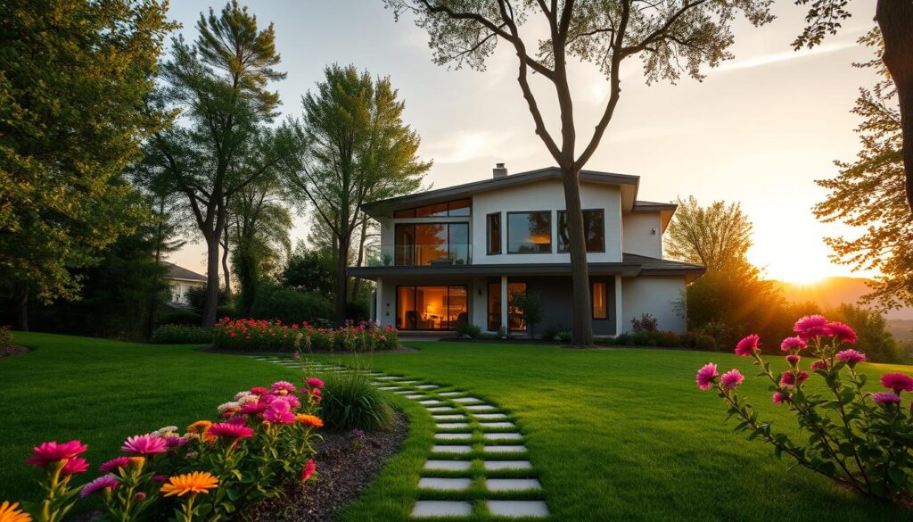 A serene, picturesque view of a modern home, representing the residence of the singer Cleo. The house is set in a lush green landscape, surrounded by tall trees and colorful blooming flowers, giving a warm and inviting atmosphere. In the foreground, a well-manicured garden with vibrant plants leads to the front door, suggesting a cozy and welcoming space. The middle ground features the two-story contemporary house with large windows reflecting soft, natural light, enhancing its charm. In the background, a beautiful sunset casts golden hues across the sky, creating a peaceful and idyllic scene. The composition captures a sense of privacy and tranquility, evoking curiosity about the singer's life in this pleasant environment.