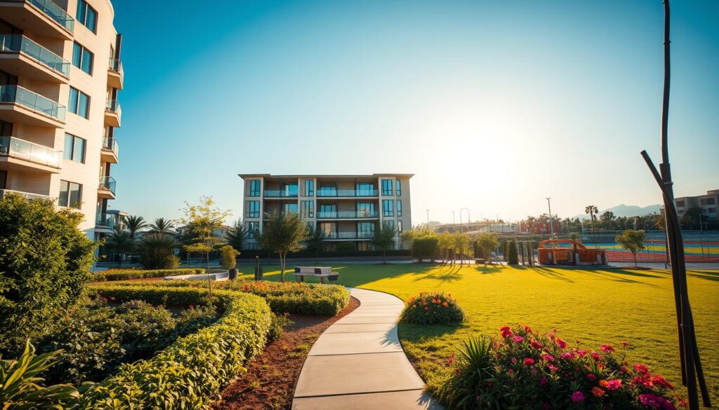 A serene residential landscape featuring a modern apartment complex where Wilfredo Leon lives and trains. In the foreground, a well-kept garden with lush greenery and colorful flowers interspersed with a neatly paved pathway leading to the building entrance. The middle ground showcases the contemporary architecture of the apartment, with large windows reflecting the sunlight, giving a sense of openness and vitality. In the background, a clear blue sky contrasts with the subtle hints of nearby sports facilities, emphasizing his athletic lifestyle. The scene is bathed in warm, natural lighting, suggesting early morning or late afternoon. The atmosphere is tranquil and inspiring, capturing the essence of a champion's home and training environment. A serene residential landscape featuring a modern apartment complex where Wilfredo Leon lives and trains. In the foreground, a well-kept garden with lush greenery and colorful flowers interspersed with a neatly paved pathway leading to the building entrance. The middle ground showcases the contemporary architecture of the apartment, with large windows reflecting the sunlight, giving a sense of openness and vitality. In the background, a clear blue sky contrasts with the subtle hints of nearby sports facilities, emphasizing his athletic lifestyle. The scene is bathed in warm, natural lighting, suggesting early morning or late afternoon. The atmosphere is tranquil and inspiring, capturing the essence of a champion's home and training environment.