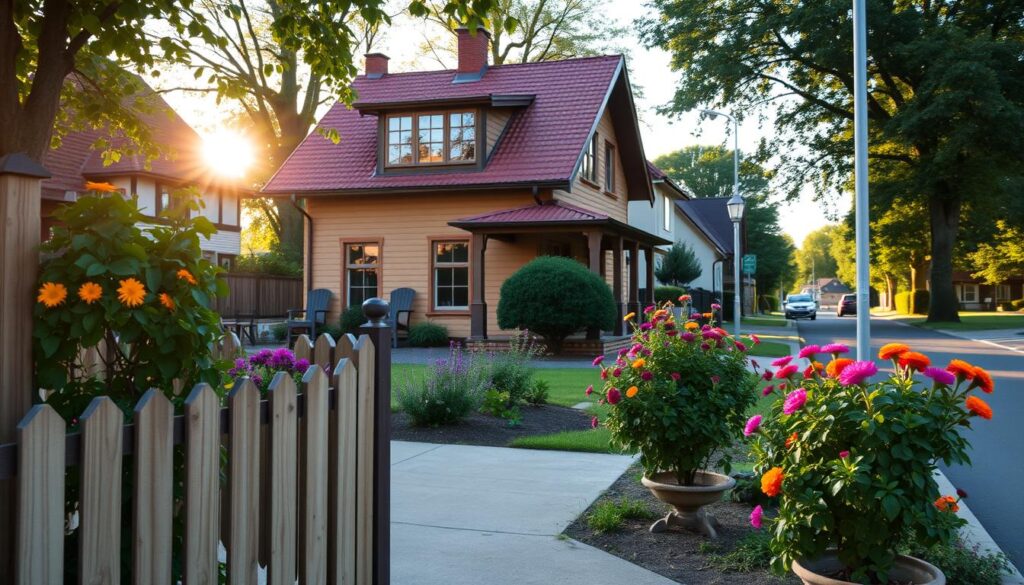 A serene residential neighborhood in Poland, showcasing a charming house with a well-maintained garden and colorful flowers in full bloom. The foreground features a wooden fence adorned with climbing plants, leading to a welcoming front porch with sitting chairs. In the middle, the house itself is a two-story structure with warm, earthy colors and large windows reflecting the afternoon sun. The background reveals a tranquil street lined with trees, casting dappled shadows on the road. Soft, golden hour lighting bathes the scene, creating a peaceful and inviting atmosphere. Capture this picturesque setting with a slight angle from the street to emphasize the beauty of the home and its surroundings.