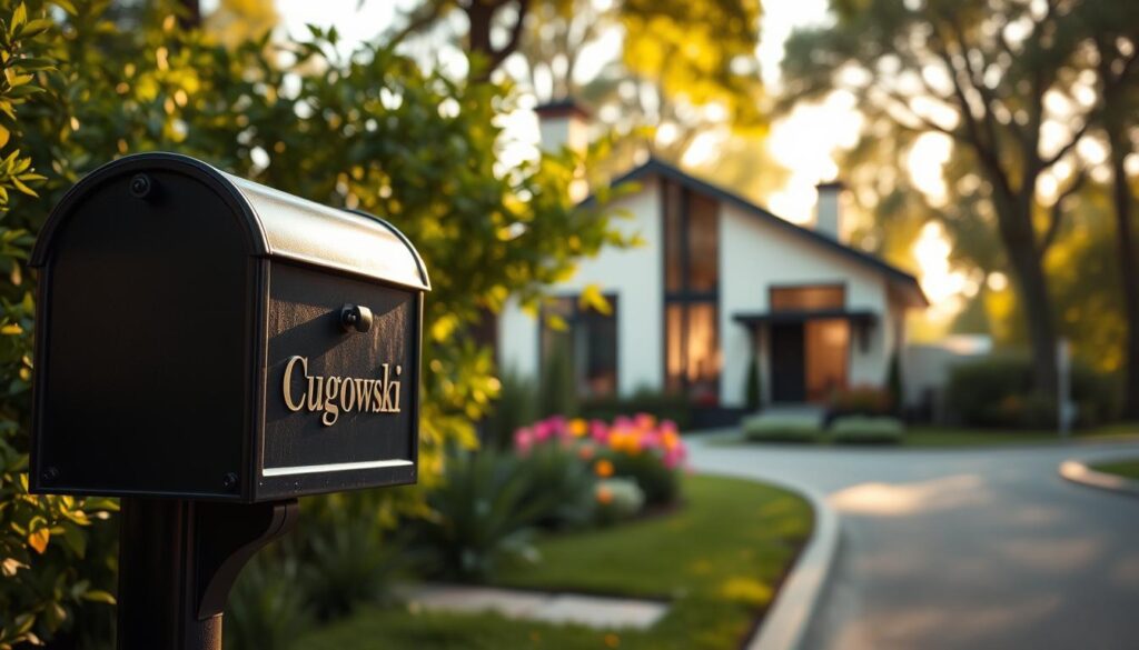 A serene residential street in Poland, showcasing a charming, modern house with minimalist architecture surrounded by lush greenery. In the foreground, a stylish mailbox with the name "Cugowski" elegantly displayed. The middle ground features the house's inviting facade, with large windows reflecting the warm afternoon sunlight, and a well-maintained garden brimming with colorful flowers. In the background, soft-focus trees provide a tranquil atmosphere. The scene captures a sense of privacy, maturity, and artistry, with soft, warm lighting that evokes a peaceful mood. The perspective is slightly angled, suggesting closeness yet respecting the personal space of the residence. A serene residential street in Poland, showcasing a charming, modern house with minimalist architecture surrounded by lush greenery. In the foreground, a stylish mailbox with the name "Cugowski" elegantly displayed. The middle ground features the house's inviting facade, with large windows reflecting the warm afternoon sunlight, and a well-maintained garden brimming with colorful flowers. In the background, soft-focus trees provide a tranquil atmosphere. The scene captures a sense of privacy, maturity, and artistry, with soft, warm lighting that evokes a peaceful mood. The perspective is slightly angled, suggesting closeness yet respecting the personal space of the residence.