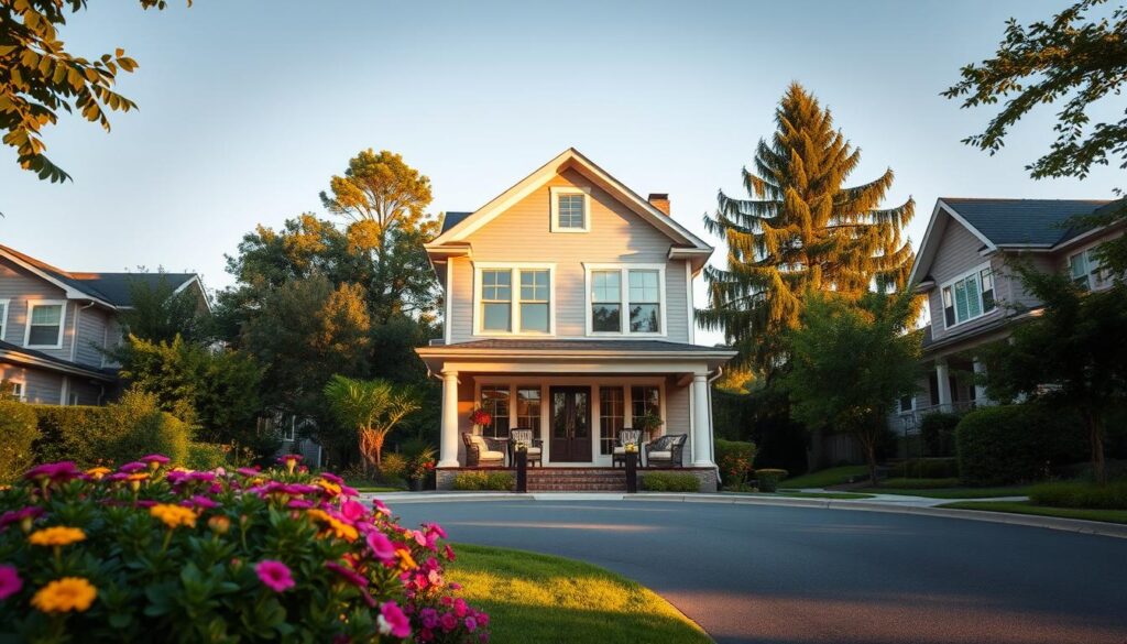 A serene residential street in a modern neighborhood, showcasing a stylish two-story home surrounded by lush greenery. In the foreground, a well-maintained garden with vibrant flowers adds color and life. A cozy porch with elegant seating invites relaxation, symbolizing a peaceful living space. The middle ground captures the front view of the house, with large windows reflecting the sunlight, creating a warm atmosphere. The background features tall trees gently swaying in a light breeze, under a clear blue sky, suggesting tranquility and comfort. The scene is illuminated by golden hour lighting, casting soft shadows and enhancing the inviting vibe of the residence. The mood is peaceful and harmonious, ideal for conveying the essence of a political figure's private life.