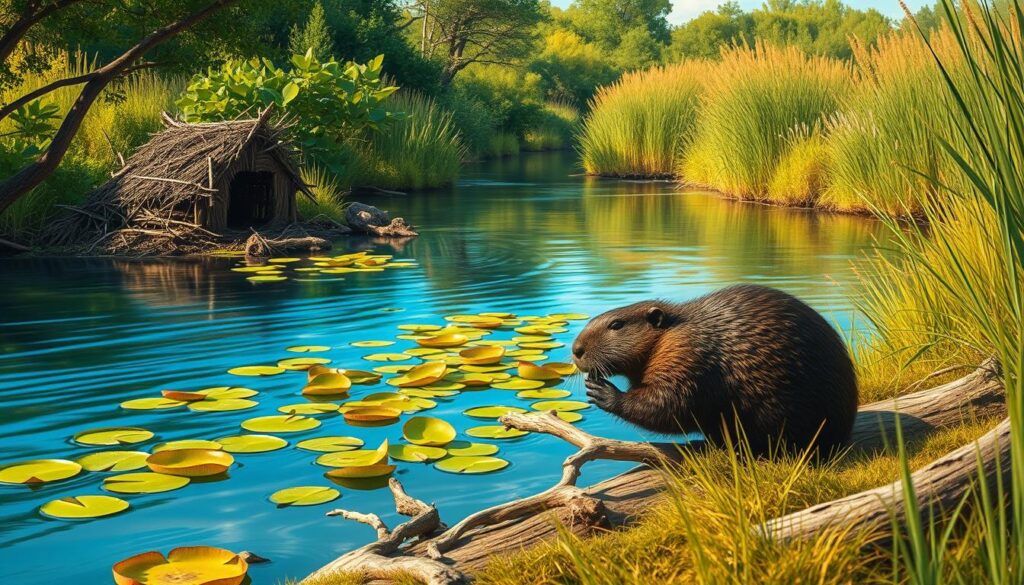 A serene riverside scene depicting the natural habitat of beavers. In the foreground, a beaver is seen gnawing on a tree branch while nearby, a lodge made of branches and mud can be seen nestled at the water's edge. The middle ground features a gently flowing river with lily pads floating on the surface, reflecting the clear blue sky. In the background, lush greenery and tall grasses frame the scene, creating a sense of tranquility. The lighting is warm and golden, suggesting late afternoon, with soft shadows cast upon the water. The overall mood is peaceful and harmonious, illustrating the rich biodiversity of the beaver's environment.