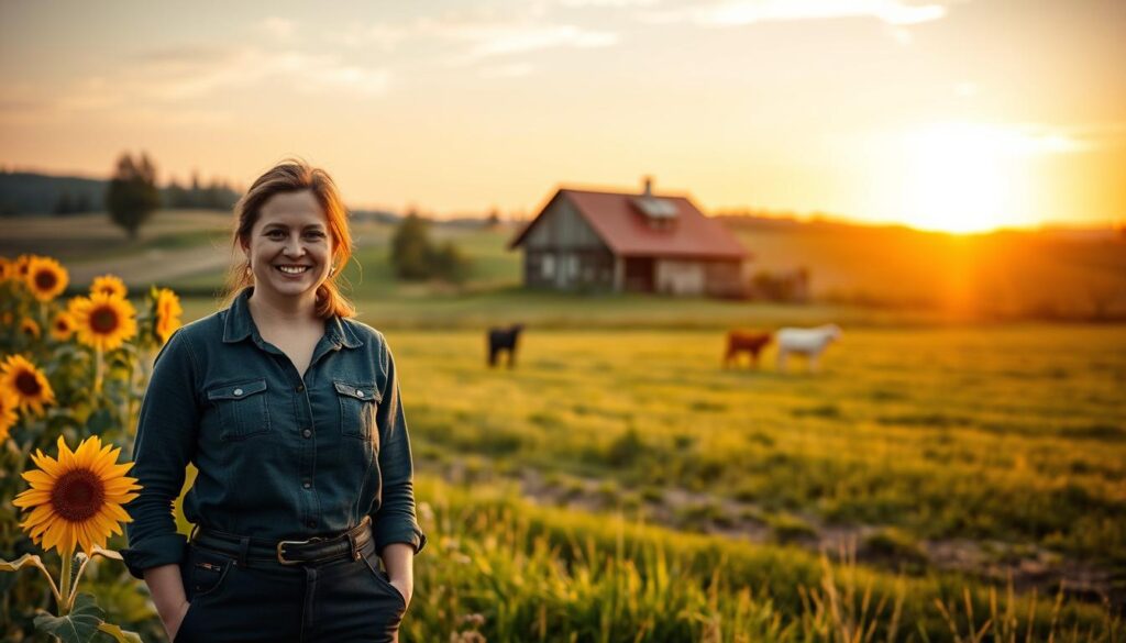 A serene rural landscape showcasing a traditional Polish farmhouse, framed by fields of sunflowers and rolling hills. In the foreground, a woman in modest casual clothing, representing Agata from "Rolnik Szuka Żony," stands with a warm smile, exuding a sense of hope and adventure. The middle ground features farm animals grazing peacefully, emphasizing the agricultural theme of the show. In the background, a sunset casts a golden hue over the idyllic setting, enhancing the mood of tranquility and connection to nature. The scene should be captured with a soft lens effect, providing a slight bokeh, to accentuate the subject while giving depth to the surrounding environment. The atmosphere is inviting and captures the essence of rural life, symbolizing the journey of finding love against the backdrop of farming. A serene rural landscape showcasing a traditional Polish farmhouse, framed by fields of sunflowers and rolling hills. In the foreground, a woman in modest casual clothing, representing Agata from "Rolnik Szuka Żony," stands with a warm smile, exuding a sense of hope and adventure. The middle ground features farm animals grazing peacefully, emphasizing the agricultural theme of the show. In the background, a sunset casts a golden hue over the idyllic setting, enhancing the mood of tranquility and connection to nature. The scene should be captured with a soft lens effect, providing a slight bokeh, to accentuate the subject while giving depth to the surrounding environment. The atmosphere is inviting and captures the essence of rural life, symbolizing the journey of finding love against the backdrop of farming.