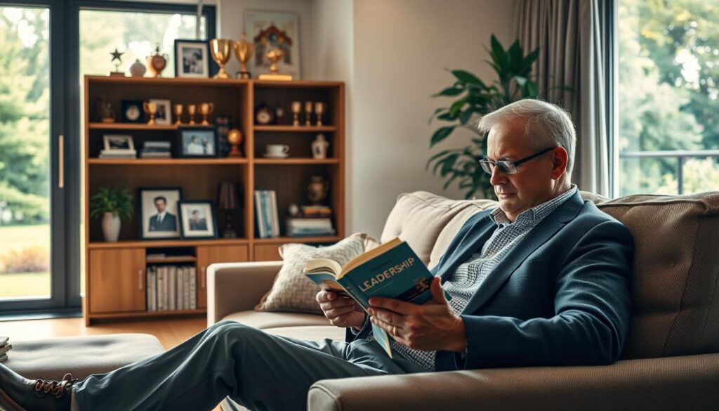 A serene scene depicting Michał Świerczewski's personal life, set in a cozy, well-decorated living room. In the foreground, a man in smart casual attire comfortably rests on a plush sofa, absorbed in a book about leadership. The middle layer shows a well-organized bookshelf filled with personal trophies and family photos, hinting at his accomplishments and close-knit relationships. Soft, warm lighting illuminates the room, casting gentle shadows and creating an inviting atmosphere. In the background, large windows reveal a lush garden, suggesting a peaceful outdoor space that reflects a balance between work and home life. The overall mood is warm, inspiring, and intimate, capturing the essence of his personal life without distractions or clutter.