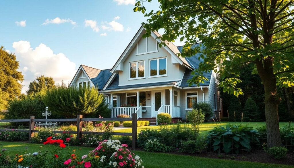 A serene suburban house reflecting the style of modern Polish architecture, nestled within lush greenery. The foreground features a well-manicured garden with colorful flowers and a wooden fence. In the middle, the charming two-story house boasts large windows and a welcoming front porch. The background reveals a blue sky with soft white clouds, enhancing the peaceful ambiance. The scene is illuminated by soft afternoon sunlight, casting gentle shadows that add depth. The overall mood is warm and inviting, suggesting a cozy home. The image should not include any human figures or text elements, focusing solely on the architecture and surrounding environment.
