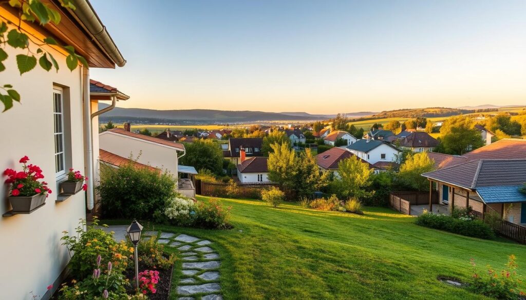 A serene suburban landscape featuring the home of Piotr Cugowski, a Polish musician. In the foreground, a modest yet charming house with a warm, inviting facade, framed by lush greenery and blooming flowers. To the left, a beautifully manicured garden with colorful plants and a small stone path leading to the front door. In the middle ground, a picturesque view of the neighborhood with a mix of traditional and modern houses, suggesting a peaceful community atmosphere. In the background, gently rolling hills bathed in soft, golden sunlight, conveying a sense of tranquility. The image should evoke warmth and a creative vibe, captured with a soft-focus lens and natural lighting to emphasize a welcoming and artistic living environment. A serene suburban landscape featuring the home of Piotr Cugowski, a Polish musician. In the foreground, a modest yet charming house with a warm, inviting facade, framed by lush greenery and blooming flowers. To the left, a beautifully manicured garden with colorful plants and a small stone path leading to the front door. In the middle ground, a picturesque view of the neighborhood with a mix of traditional and modern houses, suggesting a peaceful community atmosphere. In the background, gently rolling hills bathed in soft, golden sunlight, conveying a sense of tranquility. The image should evoke warmth and a creative vibe, captured with a soft-focus lens and natural lighting to emphasize a welcoming and artistic living environment.