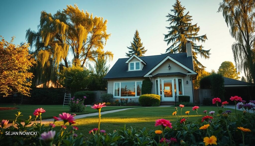 A serene suburban scene showcasing a charming house that represents the home of the Polish actor Jan Nowicki. In the foreground, a well-maintained garden filled with lush greenery and vibrant flowers evokes a sense of tranquility. The middle ground features a quaint, stylish home with a classic architectural design, featuring large windows and a welcoming front door. In the background, tall trees gently sway in a soft breeze under a clear blue sky, hinting at the peaceful nature of the neighborhood. The lighting is warm and inviting, suggesting late afternoon with golden sunlight casting gentle shadows. The camera angle is slightly elevated, providing a clear view of the house and surrounding landscape, capturing the essence of a cozy, family-oriented atmosphere.