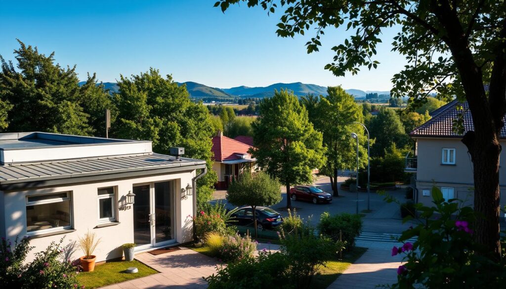 A serene urban landscape in Poland, showcasing a cozy neighborhood where Jacek Murański resides. In the foreground, a small, modern apartment building with a welcoming entrance, surrounded by lush greenery and blooming flowers. In the middle ground, quiet streets lined with trees and charming cafes, hinting at a vibrant community life. The background features distant hills under a clear blue sky, with soft sunlight casting gentle shadows, adding warmth to the scene. The atmosphere is peaceful and inviting, reflecting the essence of ordinary life. Use a natural lens for a slightly elevated angle to capture the essence of a quaint residential area, ensuring the image conveys a sense of belonging and tranquility.