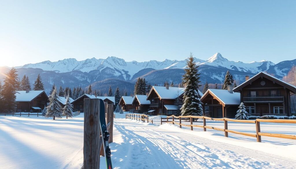 A serene winter landscape depicting a picturesque village in the Tatra Mountains, where Justyna Kowalczyk lives. In the foreground, show a ski trail winding through soft snow, with a pair of cross-country skis leaning against a wooden fence. The middle ground features charming wooden chalets adorned with snow-covered roofs, surrounded by tall pine trees. In the background, majestic mountain peaks rise dramatically under a clear blue sky. Soft, warm sunlight bathes the scene, creating a tranquil and inviting atmosphere. The perspective is slightly elevated, providing a view that captures both the beauty of nature and the cozy charm of the village. The overall mood is peaceful, highlighting a perfect winter day in a renowned skiing location.