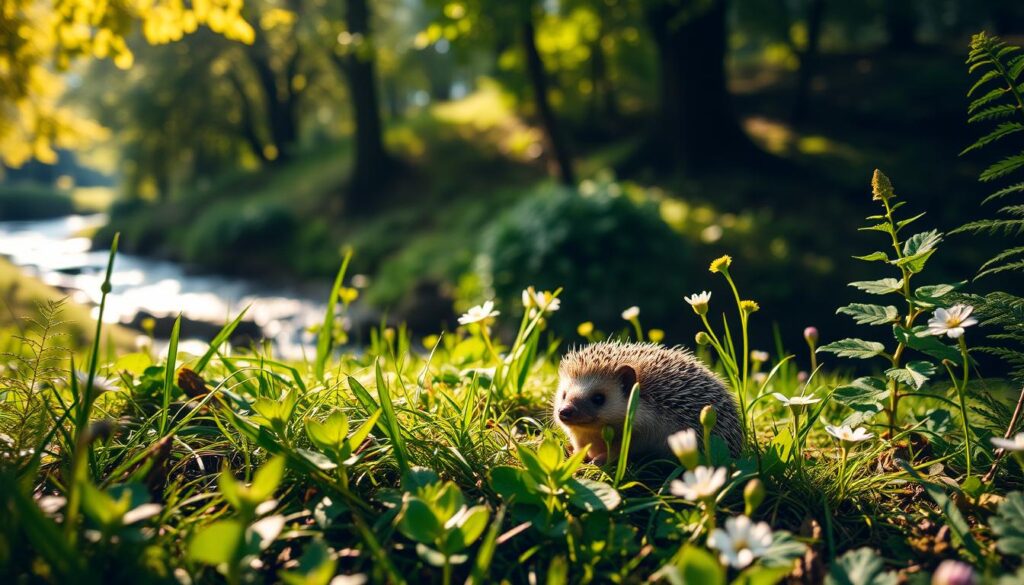 A serene woodland scene featuring a hedgehog nestled among lush green foliage, highlighting its natural habitat. In the foreground, the hedgehog is curled up, showcasing its spiny back and tiny face peering out from grass and wildflowers. The middle ground is filled with dappled sunlight filtering through the trees, creating a warm, inviting atmosphere. Various plants, including ferns and flowers, surround the hedgehog, adding vibrant colors to the scene. In the background, softly blurred trees and a gentle stream flow, enhancing the tranquility of the environment. The lighting is soft and golden, reminiscent of late afternoon sunlight, with a shallow depth of field to emphasize the hedgehog as the focal point, evoking a peaceful and harmonious mood in its natural habitat. A serene woodland scene featuring a hedgehog nestled among lush green foliage, highlighting its natural habitat. In the foreground, the hedgehog is curled up, showcasing its spiny back and tiny face peering out from grass and wildflowers. The middle ground is filled with dappled sunlight filtering through the trees, creating a warm, inviting atmosphere. Various plants, including ferns and flowers, surround the hedgehog, adding vibrant colors to the scene. In the background, softly blurred trees and a gentle stream flow, enhancing the tranquility of the environment. The lighting is soft and golden, reminiscent of late afternoon sunlight, with a shallow depth of field to emphasize the hedgehog as the focal point, evoking a peaceful and harmonious mood in its natural habitat.