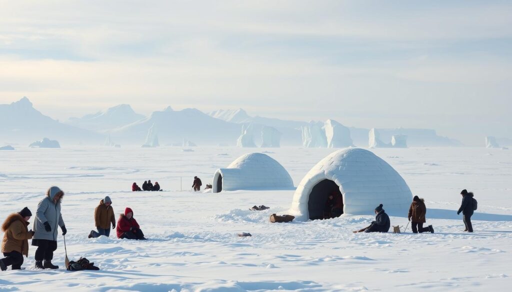A snowy landscape depicting the traditional habitat of the Inuit, showcasing a serene scene of a cluster of igloos nestled amid vast, white arctic tundra. In the foreground, a group of Inuit people dressed in warm, modest clothing are engaged in day-to-day activities like fishing or building an igloo, their faces reflecting determination and community spirit. The middle ground features the distinctive, rounded shapes of the igloos, contrasted against the glittering snow. In the background, towering icebergs and a pale blue sky illuminated by soft, diffused sunlight create an ethereal atmosphere. The overall mood should evoke a sense of tranquility and resilience in this harsh yet beautiful environment. Use a wide-angle lens to capture the expansiveness of the landscape and enhance the details of the Inuit lifestyle. A snowy landscape depicting the traditional habitat of the Inuit, showcasing a serene scene of a cluster of igloos nestled amid vast, white arctic tundra. In the foreground, a group of Inuit people dressed in warm, modest clothing are engaged in day-to-day activities like fishing or building an igloo, their faces reflecting determination and community spirit. The middle ground features the distinctive, rounded shapes of the igloos, contrasted against the glittering snow. In the background, towering icebergs and a pale blue sky illuminated by soft, diffused sunlight create an ethereal atmosphere. The overall mood should evoke a sense of tranquility and resilience in this harsh yet beautiful environment. Use a wide-angle lens to capture the expansiveness of the landscape and enhance the details of the Inuit lifestyle.