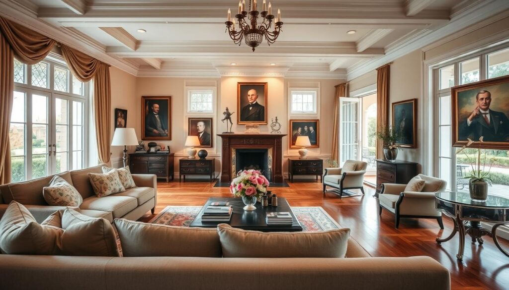 A spacious and elegantly decorated interior of a former president's villa, featuring a luxurious living room with polished wooden floors and large windows allowing natural light to flood in. In the foreground, a comfortable sofa with plush cushions faces a stylish coffee table adorned with books and flowers. The middle ground showcases an ornate fireplace, richly decorated with historical artifacts and portraits of notable figures. Soft, warm lighting creates a welcoming atmosphere, while tasteful artwork hangs on the walls, reflecting a blend of modern and traditional styles. In the background, glimpses of a well-kept garden can be seen through the open balcony doors, further enhancing the serene ambiance of this distinguished home. A spacious and elegantly decorated interior of a former president's villa, featuring a luxurious living room with polished wooden floors and large windows allowing natural light to flood in. In the foreground, a comfortable sofa with plush cushions faces a stylish coffee table adorned with books and flowers. The middle ground showcases an ornate fireplace, richly decorated with historical artifacts and portraits of notable figures. Soft, warm lighting creates a welcoming atmosphere, while tasteful artwork hangs on the walls, reflecting a blend of modern and traditional styles. In the background, glimpses of a well-kept garden can be seen through the open balcony doors, further enhancing the serene ambiance of this distinguished home.