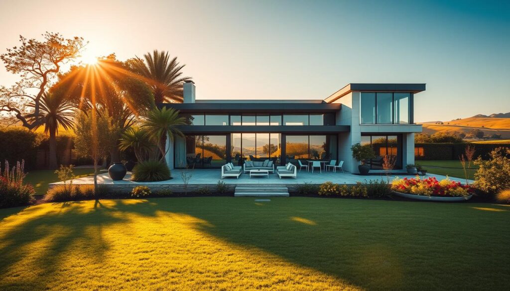 A stunning, modern house set in a lush garden, exemplifying a blend of contemporary architecture and natural beauty. The foreground showcases elegantly manicured lawns with colorful flowers, leading up to the home's striking facade, featuring large glass windows and clean lines. The middle ground features an inviting entrance with stylish outdoor furniture, perfect for relaxation. In the background, a serene landscape of rolling hills and a clear blue sky enhances the idyllic setting. The scene is bathed in warm, golden sunlight during the golden hour, creating a soft glow that adds to the peaceful atmosphere. Capture this composition from a slightly elevated angle, emphasizing the impressive scale of the house and garden while maintaining a sense of harmony with the surrounding nature.