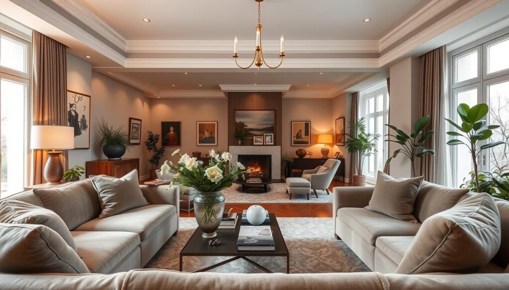 A stylish and elegant interior of Małgorzata Kożuchowska's home, showcasing a blend of modern and classic design elements. In the foreground, plush sofas in muted tones and a chic coffee table adorned with art books and a decorative vase filled with fresh flowers set a welcoming atmosphere. The middle ground features an open-plan living space with a cozy fireplace, surrounded by tasteful artwork and warm lighting from elegant fixtures. The background reveals large windows that let in soft, natural light, highlighting the tasteful decor and plants scattered throughout the room. The overall mood is warm, inviting, and sophisticated, reflecting a serene lifestyle. The angle captures the essence of the room, showcasing spaciousness and harmony in design.