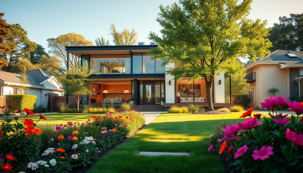 A stylish modern home set in a serene suburban neighborhood, reflecting the contemporary lifestyle of a well-known singer. In the foreground, a manicured garden with colorful flowers leading to the entrance of the house, creating an inviting atmosphere. In the middle, the elegant facade of the house with large windows showcasing cozy interior decor, bathed in warm, natural light suggesting a sunny afternoon. The background features lush trees and a clear blue sky, enveloping the scene in tranquility. Soft shadows accentuate the architectural details, providing depth. Aim for a vibrant, uplifting mood that evokes curiosity about the life of this famous vocalist. Avoid any inclusion of people in the image to maintain focus on the residence itself.