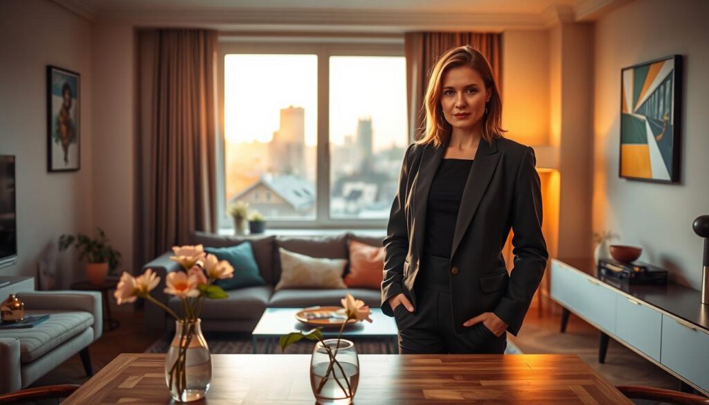 A stylish portrait of Joanna Kulig standing confidently in an elegant yet cozy Warsaw apartment, decorated with modern furnishings and soft ambient lighting. She is wearing chic, modest business attire, with her hair neatly styled. In the foreground, a delicate vase with fresh flowers rests on a wooden table. The middle ground features a comfortable sofa with colorful cushions and artistic decor on the walls reflecting Warsaw's vibrant culture. In the background, large windows showcase a view of the city skyline, capturing the essence of urban life in Warsaw during golden hour, casting a warm glow throughout the space. The mood is inviting and sophisticated, emphasizing both her charm and the city she calls home.