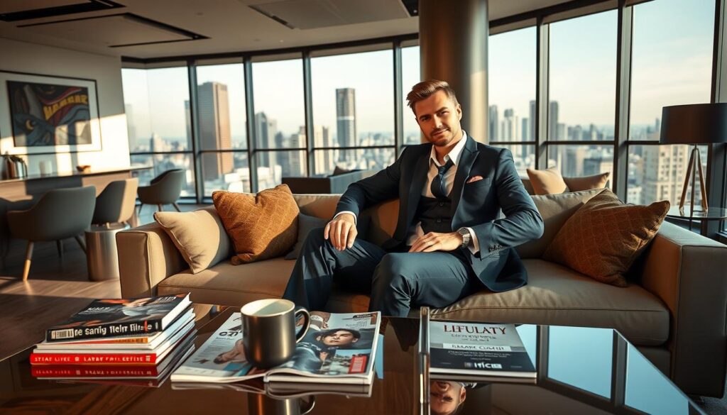 A stylish urban scene showcasing the lifestyle of Kuba Wojewódzki, featuring him dressed in a sharp, tailored suit, sitting confidently on a modern, sleek sofa in a luxurious penthouse with panoramic city views. In the foreground, a polished coffee table displays an assortment of lifestyle magazines and a trendy coffee mug. The middle ground captures large windows with soft natural light filtering through, casting gentle shadows. The background reveals a tastefully decorated living space, blending contemporary art and chic decor elements. The mood is sophisticated yet inviting, reflecting a blend of charisma and comfort in a vibrant, bustling city atmosphere.