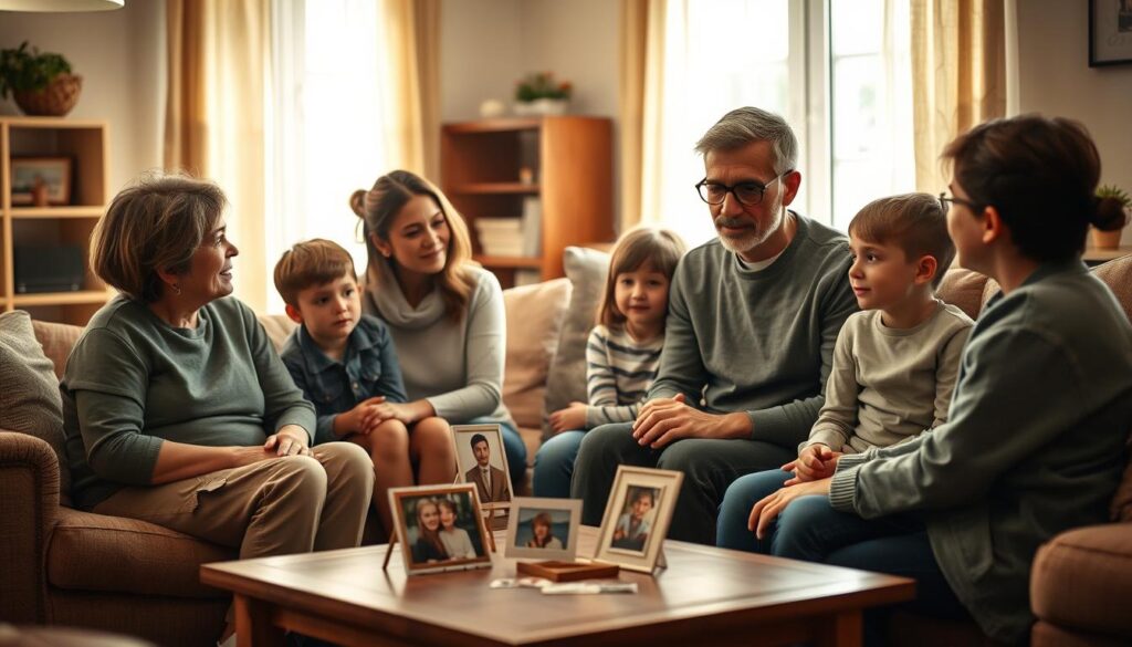 A supportive family gathered in a cozy living room, emphasizing their close-knit bond as they engage in meaningful conversation. In the foreground, a woman in modest casual clothing sits with her children, who are curiously listening and interacting, showcasing warmth and unity. In the middle, a table displays family photos, emphasizing a sense of nostalgia and history. In the background, soft, natural light filters through a window, illuminating the room with a serene atmosphere, creating shadows that add depth. The overall mood is one of hope and resilience, reflecting the family's supportive actions. The image captures a heartfelt moment, making it relatable and honoring the theme of family involvement during challenging times.