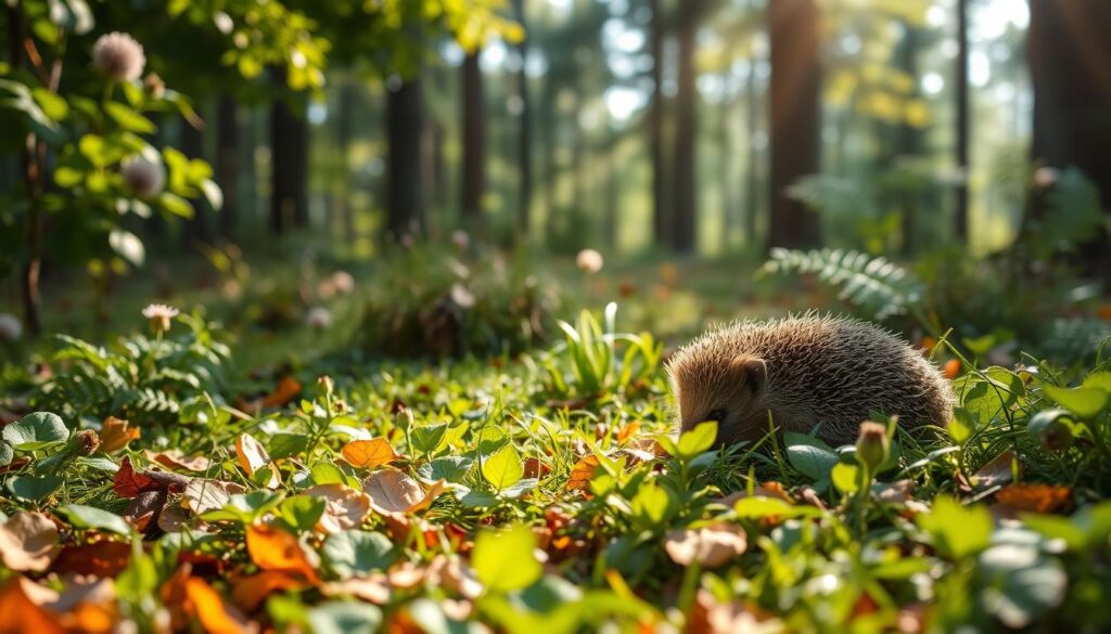 A tranquil scene depicting the natural habitat of hedgehogs in Poland, featuring lush green undergrowth, scattered fallen leaves, and patches of wildflowers. In the foreground, a hedgehog is curled up among the foliage, its spines catching the soft, dappled sunlight filtering through the trees. The middle ground features a variety of plants, including ferns and small bushes, creating a rich tapestry of textures. The background reveals a blurred forest, with tall trees and gentle beams of light streaming through their branches, enhancing the serene atmosphere. Capture this scene with a warm, soft focus effect, mimicking late afternoon light to evoke a peaceful, harmonious environment. A tranquil scene depicting the natural habitat of hedgehogs in Poland, featuring lush green undergrowth, scattered fallen leaves, and patches of wildflowers. In the foreground, a hedgehog is curled up among the foliage, its spines catching the soft, dappled sunlight filtering through the trees. The middle ground features a variety of plants, including ferns and small bushes, creating a rich tapestry of textures. The background reveals a blurred forest, with tall trees and gentle beams of light streaming through their branches, enhancing the serene atmosphere. Capture this scene with a warm, soft focus effect, mimicking late afternoon light to evoke a peaceful, harmonious environment.