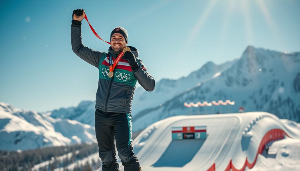 A triumphant Adam Małysz, the legendary Polish ski jumper, stands proudly at the apex of a snowy ski jump, dressed in a stylish modern ski suit reflecting his achievements. In the foreground, he holds a gold medal high above his head, with a joyous expression that radiates pride and determination. The middle ground showcases the ski ramp, decorated with colorful banners celebrating his victories, while dynamic flying snowflakes create an atmosphere of excitement. In the background, a stunning mountain range contrasts against a bright blue sky, symbolizing the heights he has reached in his career. The lighting is warm and inviting, casting gentle shadows that highlight his athletic build, with a slight lens flare to enhance the victorious moment. The overall mood is one of inspiration, capturing the essence of a sports legend.