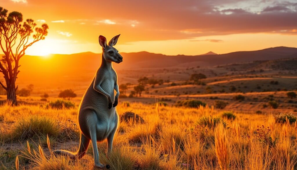A vibrant Australian landscape showcasing the natural habitat of kangaroos. In the foreground, a kangaroo stands gracefully on its strong hind legs, with its large ears perked up, curiously surveying the environment. The middle ground features a sprawling array of native Australian flora, including eucalyptus trees and colorful wildflowers. In the background, the sun sets behind rolling hills, casting a warm golden light across the scene, enhancing the rich textures of the grasslands. The sky is painted with hues of orange and purple, creating a serene and inviting atmosphere. Capture this moment with a wide-angle lens to emphasize the vastness of the kangaroo's habitat, evoking a sense of tranquility and connection to nature.
