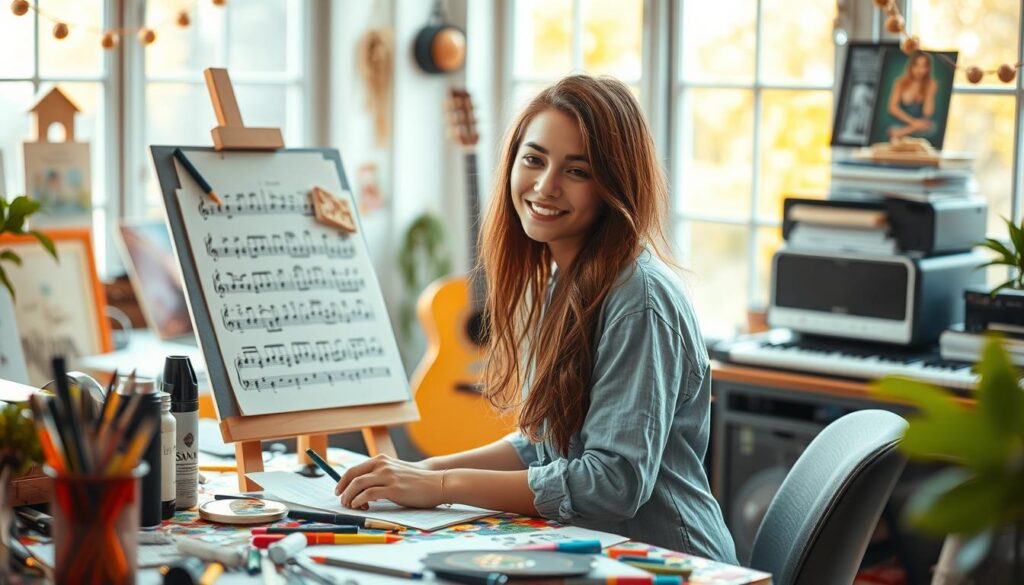 A vibrant and artistic scene showcasing the creative activity of Sanah, a popular vocalist. In the foreground, depict Sanah, a young woman with long brown hair, dressed in casual yet stylish clothing, passionately engaged in songwriting at a colorful, cluttered desk adorned with music sheets and art supplies. In the middle ground, include an easel with a partially finished painting inspired by her music, surrounded by scattered musical notes and instruments like a guitar and keyboard. The background can feature a cozy, sunlit studio with large windows that let in warm, golden light, creating a cheerful atmosphere. The overall mood should convey inspiration and creativity, highlighting her artistic journey. The image should have a soft focus with a slight bokeh effect, emphasizing Sanah's dedication and artistic expression.