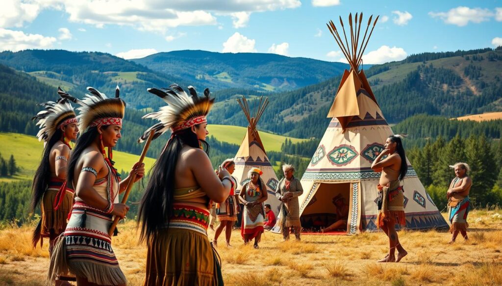 A vibrant and culturally rich scene depicting Native American customs and traditions. In the foreground, a group of Native American individuals dressed in traditional garments, representing their heritage with intricate beadwork and feathered headdresses, engaged in a ceremonial activity, perhaps dancing or performing a ritual. In the middle ground, a beautifully adorned teepee showcases indigenous craftsmanship, with decorative art patterns. The background features a serene natural landscape, with rolling hills, green forests, and a bright blue sky, creating a harmonious connection to nature. Soft, warm lighting enhances the scene, casting gentle shadows, and giving a sense of peace and spirituality. The mood conveys respect for traditions and a celebration of cultural identity, inviting viewers to appreciate the heritage of Indigenous peoples.