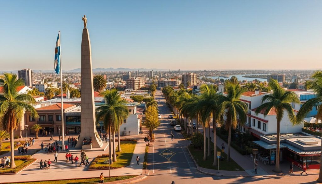 A vibrant cityscape of Rosario, Argentina, showcasing the home of Lionel Messi. In the foreground, an iconic landmark such as the National Flag Memorial stands tall, bustling with families enjoying a sunny afternoon. In the middle ground, depict cozy residential streets lined with palm trees, showcasing modern apartments and cafes where locals gather. In the background, capture the essence of the city with a clear blue sky and the Paraná River glistening in the sunlight. Emphasize a warm, inviting atmosphere reflecting the spirit of community and love for football, with soft golden hour lighting casting long shadows. The scene should evoke pride and connection to the legendary figure of Messi, presenting a friendly, engaging view of his hometown. A vibrant cityscape of Rosario, Argentina, showcasing the home of Lionel Messi. In the foreground, an iconic landmark such as the National Flag Memorial stands tall, bustling with families enjoying a sunny afternoon. In the middle ground, depict cozy residential streets lined with palm trees, showcasing modern apartments and cafes where locals gather. In the background, capture the essence of the city with a clear blue sky and the Paraná River glistening in the sunlight. Emphasize a warm, inviting atmosphere reflecting the spirit of community and love for football, with soft golden hour lighting casting long shadows. The scene should evoke pride and connection to the legendary figure of Messi, presenting a friendly, engaging view of his hometown.