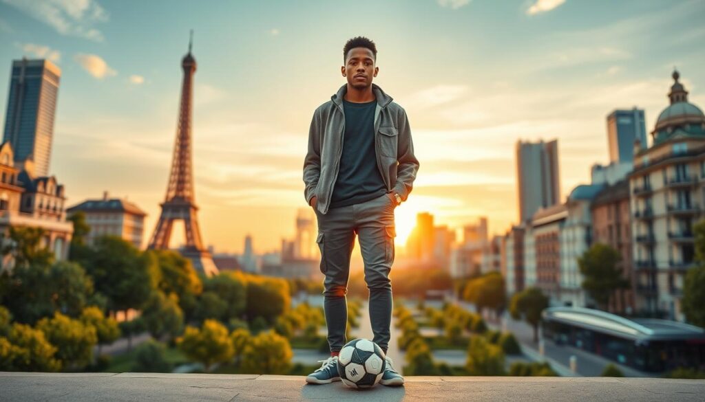 A vibrant cityscape representing the various cities Kylian Mbappé has called home, featuring elements from Bondy, Paris, and other notable locations. In the foreground, a young man resembling an athletic soccer player in a stylish casual outfit, standing confidently with a soccer ball at his feet. The middle ground showcases iconic landmarks like the Eiffel Tower and architectural details from Bondy, blending seamlessly with lush green parks and urban areas. The background transitions into a sunset skyline, casting warm golden hues over the scene. The atmosphere exudes energy and excitement, capturing the spirit of a football superstar's journey through these cities. Use soft, warm lighting to enhance the inviting feel of the image, with a slightly blurred background for depth, shot from a dynamic angle to emphasize the vitality of the locations.