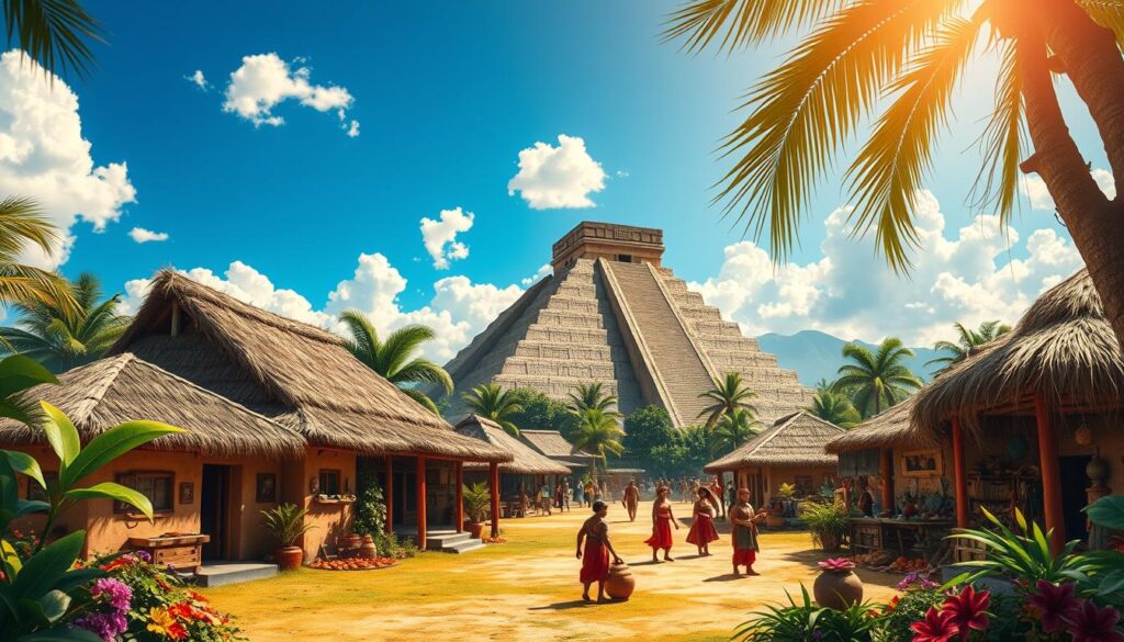 A vibrant, detailed depiction of an Aztec living environment. In the foreground, showcase traditional adobe houses with thatched roofs, surrounded by lush, tropical vegetation and colorful flowers. In the middle ground, include a bustling marketplace where Aztec people in modest clothing engage in trade, showcasing pottery, textiles, and food. In the background, a grand pyramid rises majestically, adorned with intricate carvings, under a bright blue sky dotted with fluffy clouds. Soft, warm sunlight bathes the scene, creating a lively, inviting atmosphere. Capture this vision from a slightly elevated angle for a comprehensive view of the settlement, emphasizing the harmony between the people, their architecture, and the natural surroundings. A vibrant, detailed depiction of an Aztec living environment. In the foreground, showcase traditional adobe houses with thatched roofs, surrounded by lush, tropical vegetation and colorful flowers. In the middle ground, include a bustling marketplace where Aztec people in modest clothing engage in trade, showcasing pottery, textiles, and food. In the background, a grand pyramid rises majestically, adorned with intricate carvings, under a bright blue sky dotted with fluffy clouds. Soft, warm sunlight bathes the scene, creating a lively, inviting atmosphere. Capture this vision from a slightly elevated angle for a comprehensive view of the settlement, emphasizing the harmony between the people, their architecture, and the natural surroundings.
