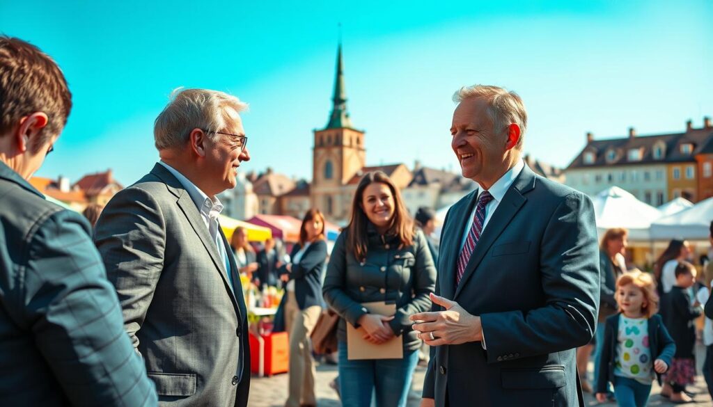 A vibrant outdoor scene showcasing Arkadiusz Chęciński, the Mayor of Sosnowiec, engaging with community members at a local initiative event. In the foreground, depict Chęciński in a sharp, professional business suit, warmly interacting with a diverse group of citizens, including families and children, all dressed in smart casual attire. In the middle ground, feature a bustling market or community fair, filled with colorful tents, local vendors, and activities promoting sustainability and social engagement. The background should include the charming architecture of Sosnowiec, under a bright blue sky with soft, natural lighting that creates an inviting atmosphere. The overall mood is positive and inspiring, capturing the essence of community involvement and leadership.