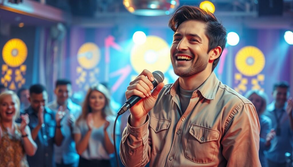 A vibrant scene capturing the essence of Zenek Martyniuk's musical career. In the foreground, Zenek is depicted as a charismatic male performer in a stylish, modest outfit, exuding joy and confidence while singing into a vintage microphone. His expression reflects passion and energy. In the middle, a lively audience of fans, dressed in casual yet tidy clothing, joyfully dancing and clapping, with bright lights illuminating the scene. The background features a colorful disco-themed stage with dynamic lighting and musical instruments, creating an electrifying atmosphere. Soft bokeh effects add depth, enhancing the celebratory mood. The overall lighting is bright and colorful, reminiscent of a lively concert, with a slightly dramatic angle that captures the excitement of the performance.