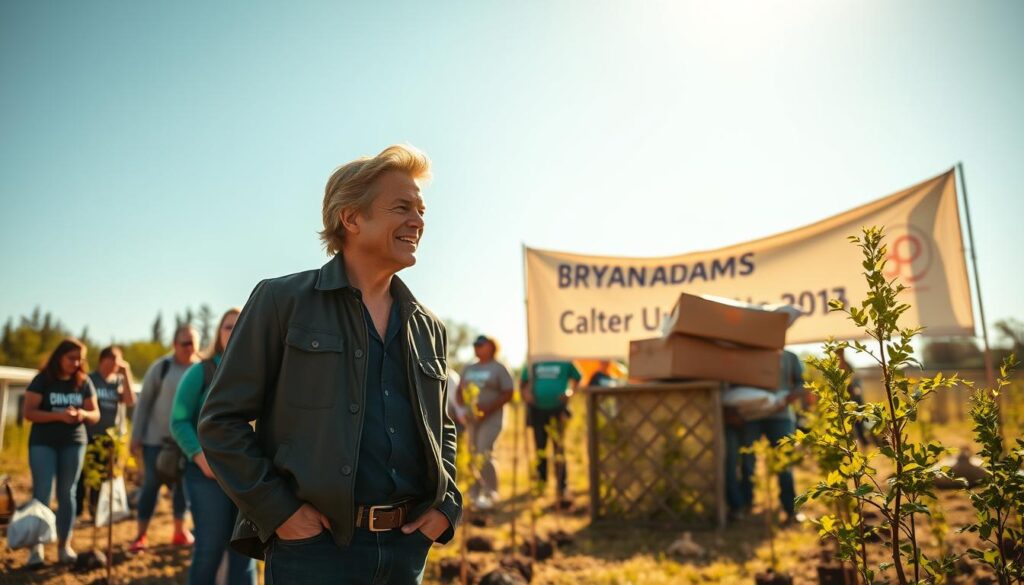A vibrant scene depicting Bryan Adams actively engaged in charity work, located in a sunny outdoor setting with a diverse group of volunteers. In the foreground, Bryan Adams, dressed in a smart casual outfit, is enthusiastically discussing plans with a young volunteer. The middle ground features people planting trees and distributing supplies, showcasing community involvement. In the background, a clear blue sky enhances the uplifting atmosphere, with a banner promoting the charity event gently fluttering. The lighting is warm and natural, casting a golden hue over the scene, emphasizing a sense of hope and positivity. The overall mood is inspirational, highlighting Bryan Adams' dedication to philanthropy and community service, fostering a spirit of giving and togetherness.