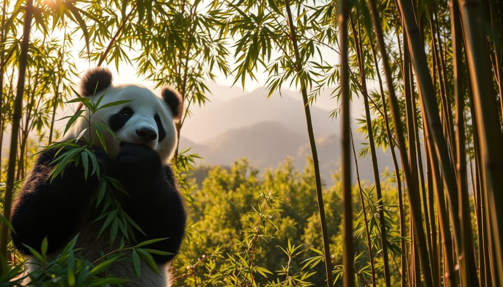 A vibrant scene showcasing a giant panda in its natural habitat. In the foreground, an adult panda is munching on bamboo, its black and white fur contrasting beautifully with the lush green leaves. The middle ground features a dense forest of tall, thin bamboo stalks, bathed in soft, dappled sunlight filtering through the tree canopy above. In the background, gentle mountains rise, shrouded in mist, hinting at the panda’s native mountainous regions. The lighting is warm, conveying a serene and peaceful atmosphere, as if captured during the golden hour. The image is framed from a low angle, emphasizing the panda's curious expression while inviting the viewer into this tranquil environment. The overall mood is calm and harmonious.