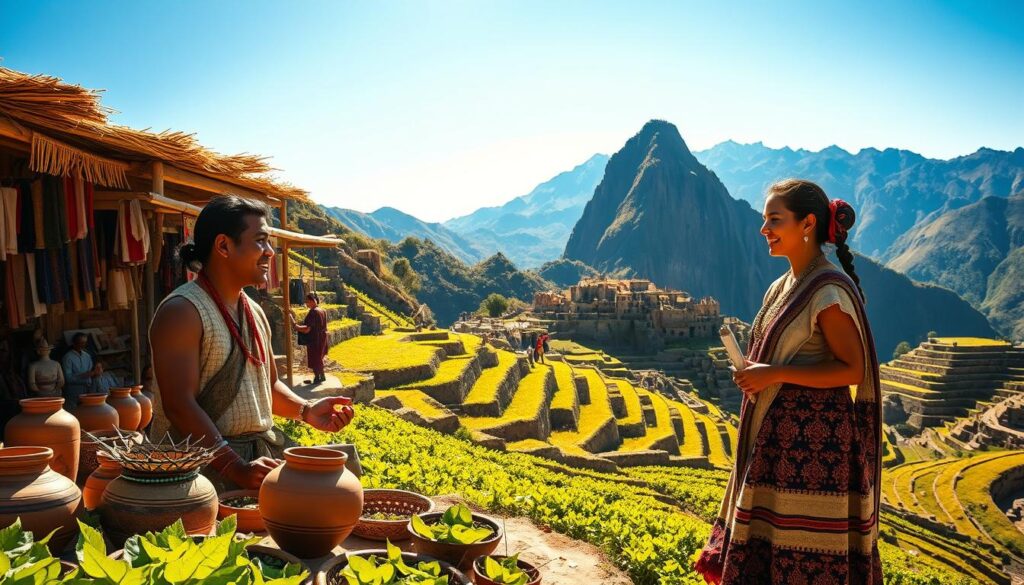A vibrant scene showcasing the rich culture of the Inca civilization. In the foreground, an Inca man and woman dressed in traditional, modest clothing engage in a lively marketplace, surrounded by woven textiles and pottery. The middle ground features terraced agriculture with lush green crops, emblematic of their advanced farming techniques. In the background, the majestic Andes mountains rise under a clear blue sky, emphasizing the mountainous terrain where the Incas thrived. Warm sunlight bathes the scene, creating a bright and inviting atmosphere. The image should be captured from a slightly elevated angle to showcase both the people and the stunning landscape, conveying the harmony between the Inca society and their environment.
