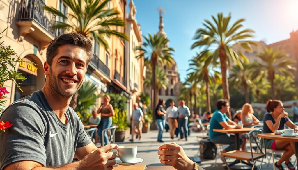 A vibrant street scene in Barcelona showcasing the daily life of a professional athlete, inspired by Robert Lewandowski. In the foreground, a casually dressed athlete with a friendly demeanor enjoys a moment of leisure at an outdoor café, sipping coffee, surrounded by lush greenery and colorful flowers. In the middle ground, locals are seen engaging in conversation and enjoying leisurely activities, emphasizing the warm community atmosphere. The background features iconic Barcelona architecture such as Gaudi's Mosaic Park and palm trees swaying in a gentle breeze against a clear blue sky. The scene is bathed in soft, warm sunlight, creating a cheerful and inviting mood. The composition captures the essence of living in Barcelona—lively, vibrant, and full of life. A vibrant street scene in Barcelona showcasing the daily life of a professional athlete, inspired by Robert Lewandowski. In the foreground, a casually dressed athlete with a friendly demeanor enjoys a moment of leisure at an outdoor café, sipping coffee, surrounded by lush greenery and colorful flowers. In the middle ground, locals are seen engaging in conversation and enjoying leisurely activities, emphasizing the warm community atmosphere. The background features iconic Barcelona architecture such as Gaudi's Mosaic Park and palm trees swaying in a gentle breeze against a clear blue sky. The scene is bathed in soft, warm sunlight, creating a cheerful and inviting mood. The composition captures the essence of living in Barcelona—lively, vibrant, and full of life.