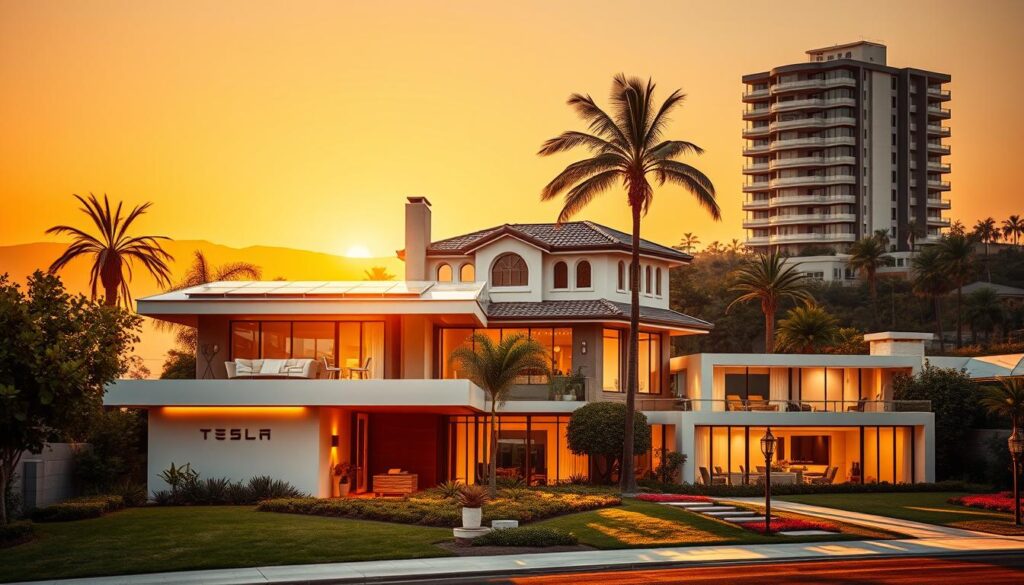 A visually captivating collage depicting the history of Elon Musk's properties through various iconic homes he has owned. In the foreground, a modern, sleek Tesla house, showcasing eco-friendly design elements like solar panels and lush greenery, symbolizing his innovative lifestyle. The middle layer features a classic Californian mansion, blending architectural styles from different eras, with palm trees swaying gently in the breeze. In the background, a distant view of a stylish apartment building reflecting urban luxury, hinting at Musk's journey through real estate. The scene is bathed in warm, golden sunset lighting, casting soft shadows and creating a nostalgic, contemplative mood. Emphasize clarity and detail, evoking a sense of luxury and innovation without any text or distractions.
