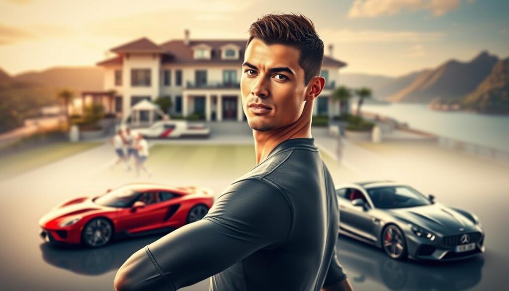 A visually striking portrait featuring Cristiano Ronaldo in a dynamic pose, embodying his athletic prowess. In the foreground, he is dressed in a sleek, modern sports outfit that highlights his sculpted physique, capturing the essence of a professional athlete. The middle ground showcases a stylized representation of iconic elements from his life, such as a football pitch and luxury cars, symbolizing his success and lifestyle. The background features a soft-focus blend of a prestigious residence and the beautiful landscapes of Madeira, his homeland, creating a serene yet luxurious atmosphere. The lighting is warm and inviting, with soft shadows for depth, reminiscent of a golden hour glow. The mood is inspirational, reflecting his dedication and achievements in football.