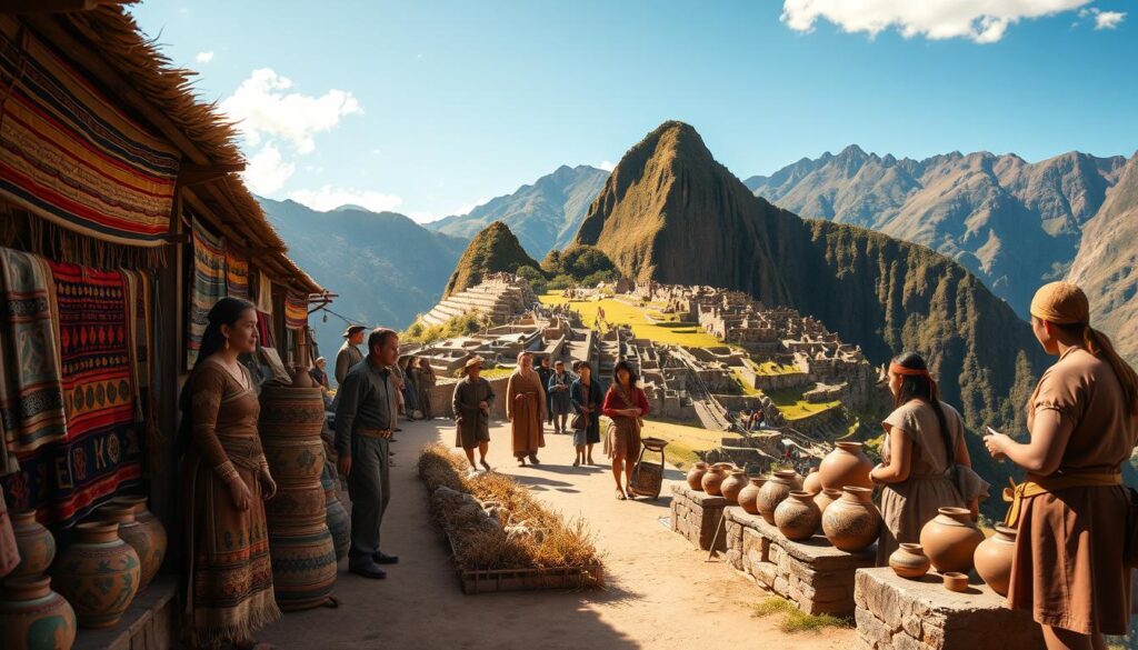A vivid depiction of Inca achievements, showcasing a bustling marketplace set on the terraced landscapes of the Andes mountains. In the foreground, intricately woven textiles and ceramic pottery are displayed by local artisans, depicting colorful traditional patterns. The middle ground features well-dressed Incas in modest clothing, exchanging goods and engaging in trade, while the background captures the majestic ruins of Machu Picchu under a clear blue sky. Soft, natural lighting illuminates the scene, casting gentle shadows that enhance the textures of the artifacts. The atmosphere is lively yet respectful, celebrating the ingenuity and cultural richness of the Inca civilization. A panoramic view emphasizes the grandeur of the mountainous landscape, inspiring a sense of awe and historical significance.