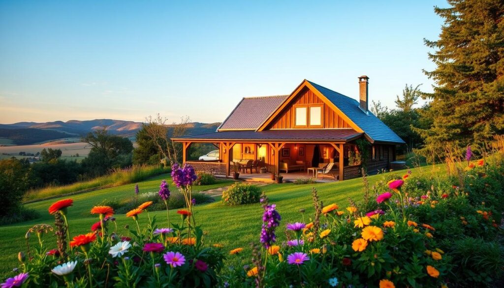 A warm and inviting image of Agnieszka Holland's home, set amidst a picturesque natural landscape. In the foreground, a beautifully maintained garden flourishes, showcasing colorful flowers and lush greenery. The middle ground reveals a charming, rustic house with wooden accents and large windows, allowing warm light to spill out, suggesting cozy interior spaces. In the background, gentle rolling hills and a serene blue sky create a peaceful atmosphere. Soft golden hour lighting highlights the scene, casting a warm glow on the house and surrounding nature. The image evokes a sense of tranquility and creativity, reflecting the inspiring environment where a renowned filmmaker creates masterpieces.