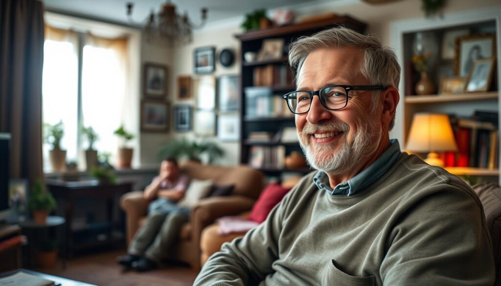 A warm and inviting scene capturing the private life of Jurek Owsiak, founder of the Great Orchestra of Christmas Charity (WOŚP). In the foreground, a cheerful middle-aged man with glasses, dressed in casual, comfortable clothing, is seen enjoying a moment in his cozy living room, filled with family photos and memorabilia. The middle view showcases a well-decorated space with soft lighting from a nearby window, and plants adding a touch of nature. In the background, a glimpse of a bookshelf filled with books and awards highlights his accomplishments. The atmosphere is intimate, exuding warmth and a sense of community. The image should feel personal and relatable, with a focus on everyday life, using a soft focus lens to create a nostalgic, heartfelt ambiance.