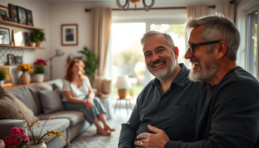 A warm and inviting scene of Zenek Martyniuk enjoying quality family time in a cozy living room. In the foreground, depict Zenek, a middle-aged man with friendly features, dressed in casual but modest clothing, laughing and interacting with his family members—a loving wife and two children. In the middle ground, show a well-decorated room with family photos on the walls, colorful plants, and soft lighting that creates an intimate atmosphere. In the background, a large window reveals a beautiful garden outside, with sunlight filtering through the leaves. Capture the essence of togetherness and joy, utilizing soft, natural lighting to enhance the warmth and emotional connection within the scene.
