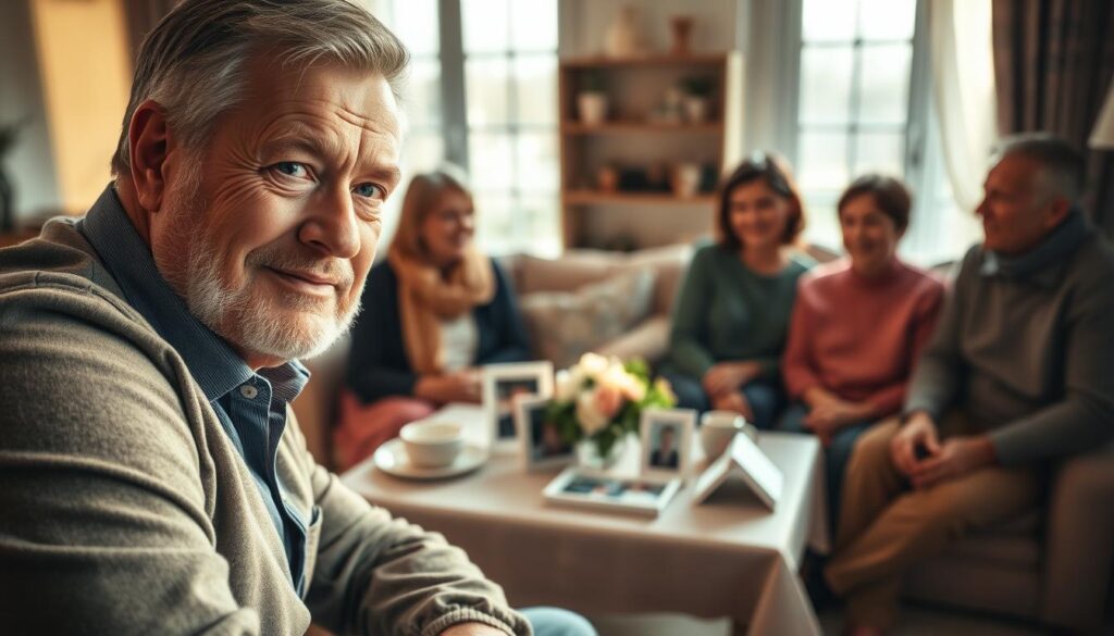 A warm family gathering scene featuring Jan Nowicki with his close relatives, portrayed in a cozy living room setting. In the foreground, Jan Nowicki, a distinguished Polish actor with kind eyes, is engaging happily with his family members, all dressed in modest casual attire. In the middle ground, a beautifully set table with a few family photographs and a soft, inviting couch highlights the warmth of familial bonds. In the background, sunlight filters through large windows, creating a soft glow that adds to the intimate atmosphere. The overall mood is joyful and nostalgic, capturing the essence of a close-knit family moment. The image is taken with a shallow depth of field, focusing on the faces, while the lighting is warm and natural, evoking a sense of belonging and love.