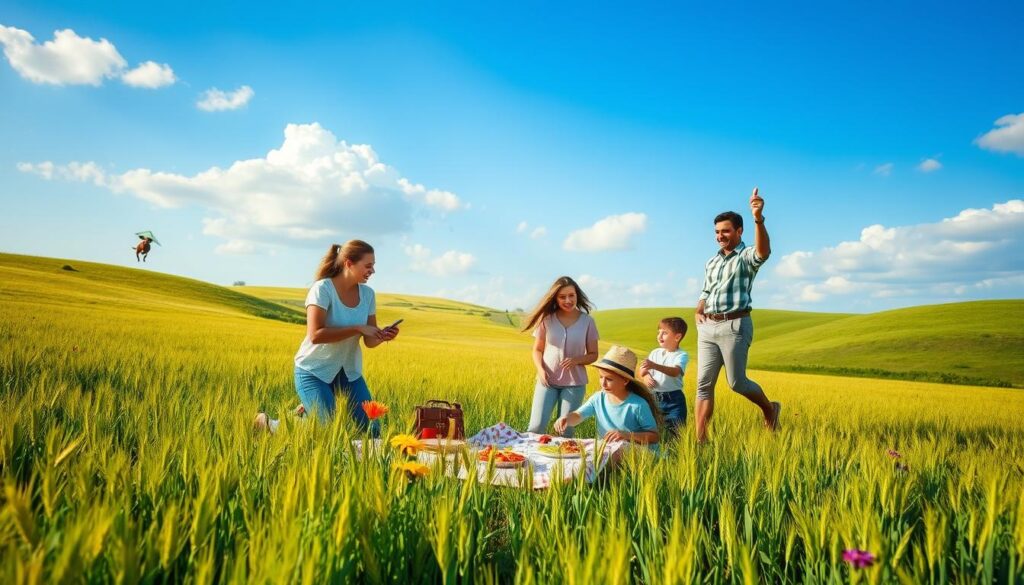 A warm, inviting scene of a family in a lush green field, surrounded by golden wheat swaying gently in the breeze. In the foreground, a father and mother are engaged in playful activities with their two children, all dressed in modest casual clothing. The mother is kneeling beside a picnic blanket with food laid out, while the father holds a kite that is just about to take flight. In the middle ground, vibrant wildflowers add a splash of color, and a friendly dog jumps around playfully. The background features rolling hills under a bright blue sky, with soft, fluffy clouds casting gentle shadows. The sunlight is golden, hinting at late afternoon, creating a warm and joyful atmosphere, perfect for a family outing.