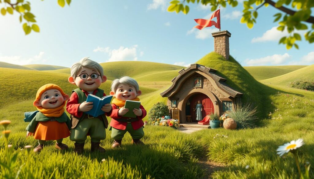 A whimsical scene depicting hobbits influenced by pop culture, set in a lush green Shire landscape. In the foreground, two cheerful hobbits dressed in vibrant, contemporary clothing, one holding a book and the other a smartphone, showcase modern hobbies. The middle ground features a quaint hobbit hole with a colorful garden, adorned with pop culture references like comic book posters and fantasy-themed decorations. In the background, rolling hills dotted with wildflowers and a bright blue sky enhance the lively atmosphere. Soft, warm sunlight bathes the scene, casting gentle shadows and creating a joyful mood, reminiscent of a vibrant social gathering in a fantastical yet familiar setting. The image should capture a sense of community and creativity among hobbits.