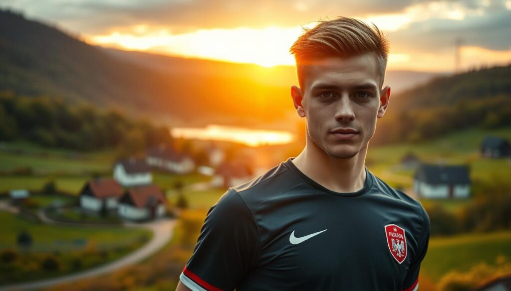A young Polish footballer embodies determination and passion, standing confidently in the foreground, dressed in a sleek, modern football kit. His expression is focused and ambitious, capturing the essence of an aspiring athlete. In the middle ground, visualize a scenic view of a small, peaceful town reflecting Zalewski's roots, with quaint houses and lush greenery. The background features a dramatic sunset casting warm, golden light across the scene, creating an inviting and hopeful atmosphere. Use a slightly blurred depth of field to emphasize the subject while subtly showcasing his environment. The composition should evoke feelings of aspiration and resilience, perfect for highlighting the beginnings of a promising career in football.